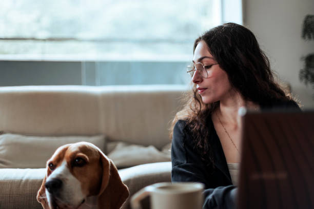 istock Young woman working at home with her dog by her side 2206248328