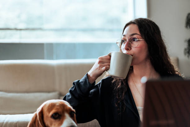 istock Young woman working at home with her dog by her side 2206248329