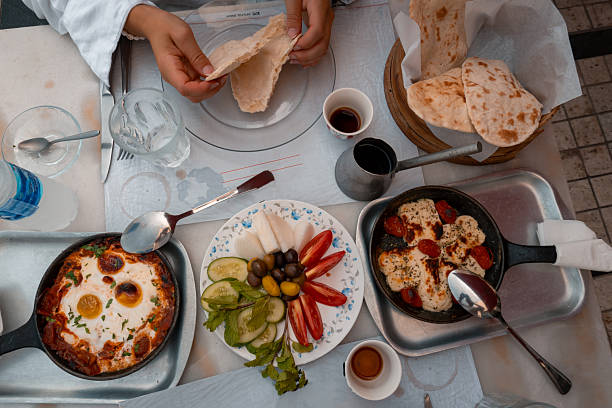 Overhead view of traditional meal on table, Muscat