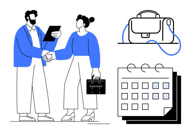 Professionals Shaking Hands Near Document, Bag, and Calendar Icons Highlighting Business Themes Two professionals shaking hands, one holding a clipboard, near bag and calendar icons. Ideal for partnerships, meetings, business agreements, schedules, corporate communication, planning, teamwork strategic themes stock illustrations