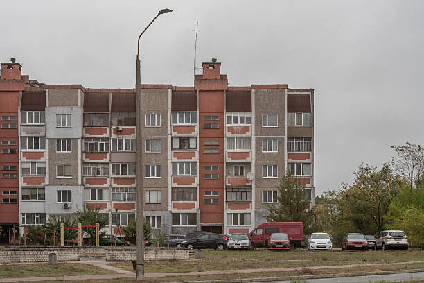 Typical Soviet-era prefabricated panel apartment building in Slavutych, Kyiv Oblast, Ukraine. October 2024.