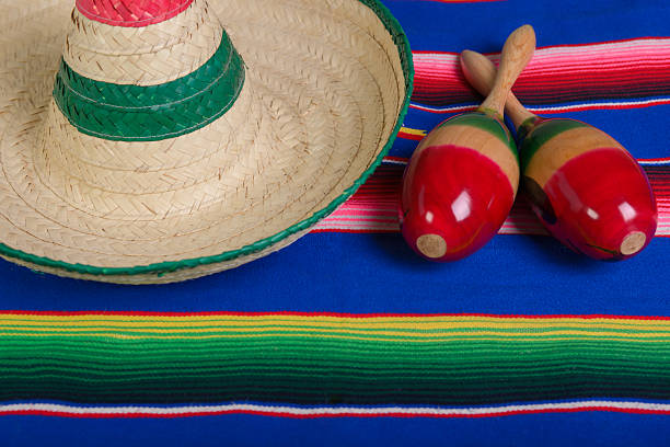 istock Maracas and Mexican hat on serape. Cinco de mayo, copy space 2206264946