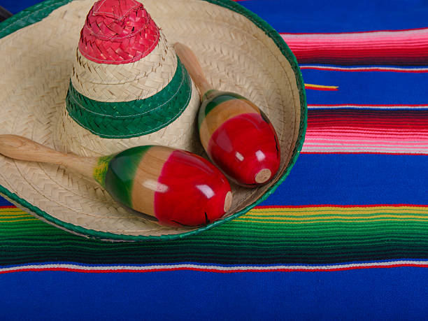 istock Maracas and Mexican hat on serape. Cinco de mayo, copy space 2206264947