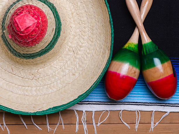 istock Maracas, serape and Mexican hat on wooden table. Cinco de mayo, copy space 2206265158
