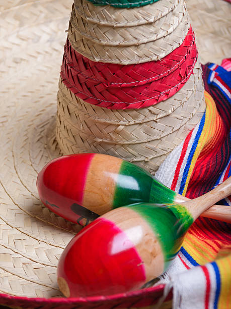 istock Maracas and serape on Mexican hat. Cinco de mayo background with copy space 2206265836