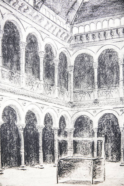 Detailed black-and-white illustration depicting the intricate arches and pillars of a historic architectural courtyard, highlighting its ornate designs and harmonious symmetry, presenting a classic example of traditional architecture.