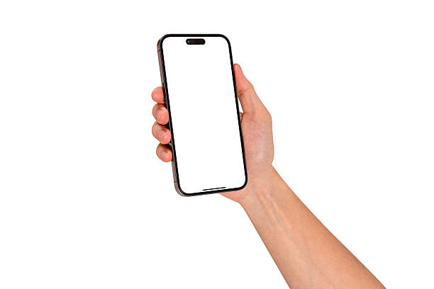istock Hand holding smartphone with blank screen isolated on white background. 2206269159