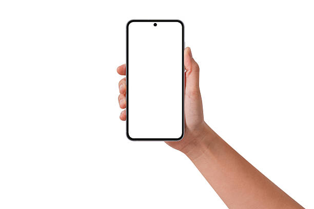 istock Hand holding smartphone with blank screen isolated on white background. 2206269858