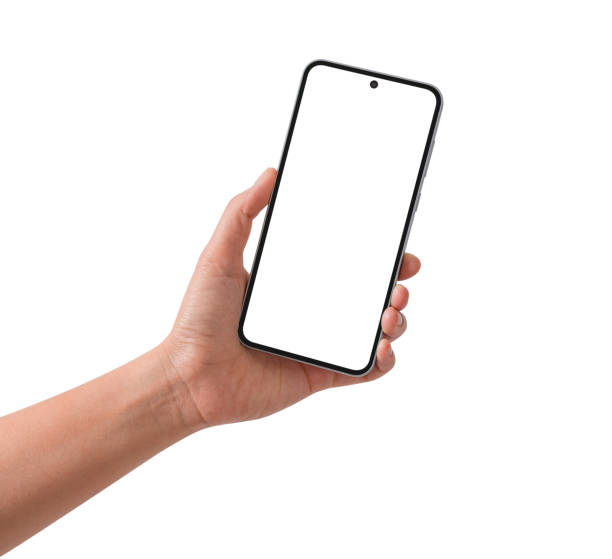 istock Hand holding smartphone with blank screen isolated on white background. 2206269859