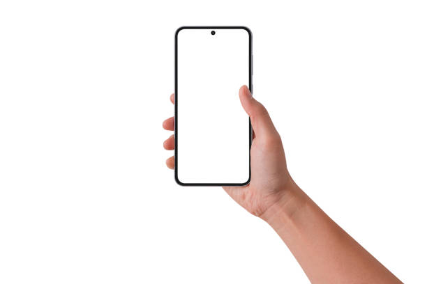 istock Hand holding smartphone with blank screen isolated on white background. 2206269861