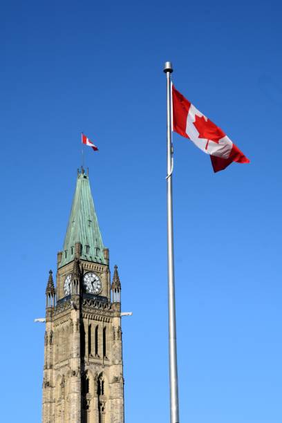 istock Canadian flag with Ottawa Peace Tower 2206269991