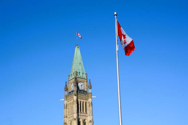 istock Canadian flag with Ottawa Peace Tower 2206269992