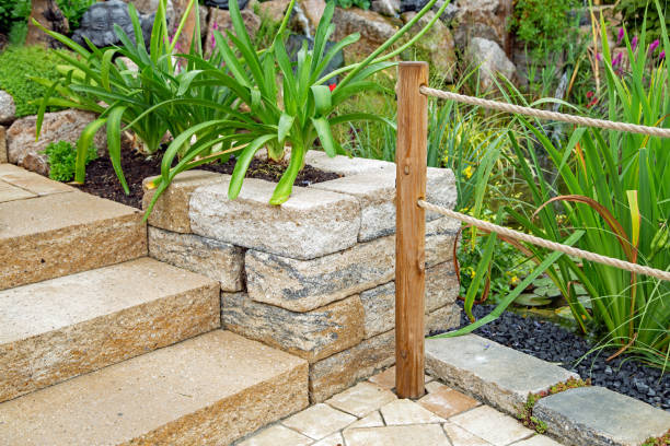 New garden stone steps surrounded by plants