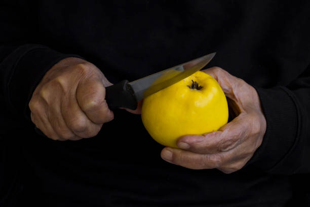 istock Hand is cutting quince fruit 2206271396