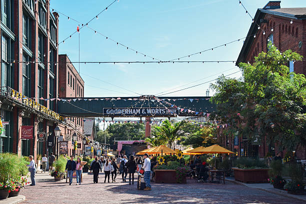 People walking in the historic Distillery District downtown Toronto Ontario Canada on October 5, 2024