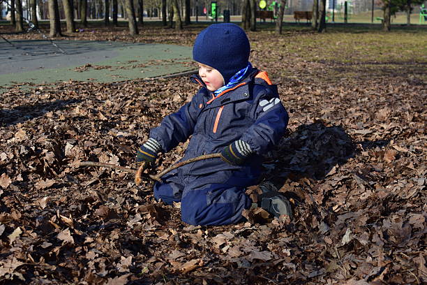 Toddler boy playing with tree branches and sitting in old autumn fallen tree leaves in sunny autumn spring day in park. Kid having fun outside using his imagination.