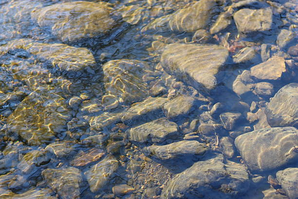 Sunlight shining through clear water onto a bed of stones
