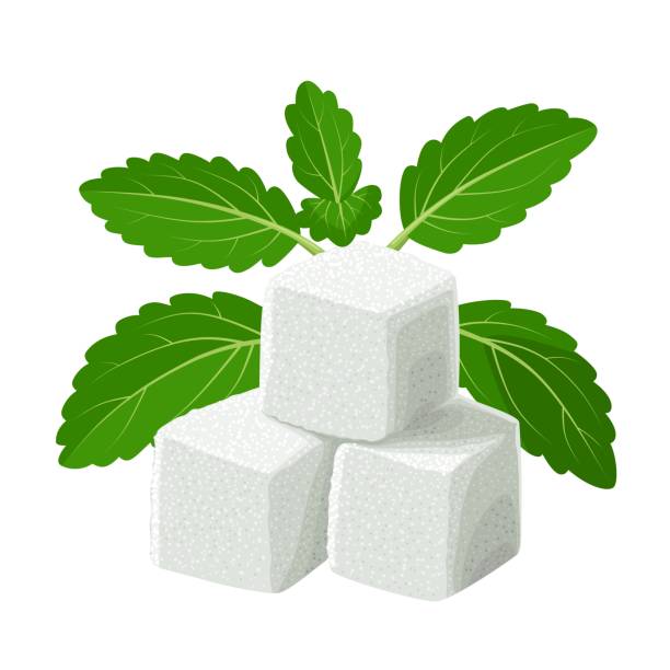 Stevia sugar cubes Illustration of stevia sugar cubes with stevia leaves, isolated on white background. stevia isolated stock illustrations
