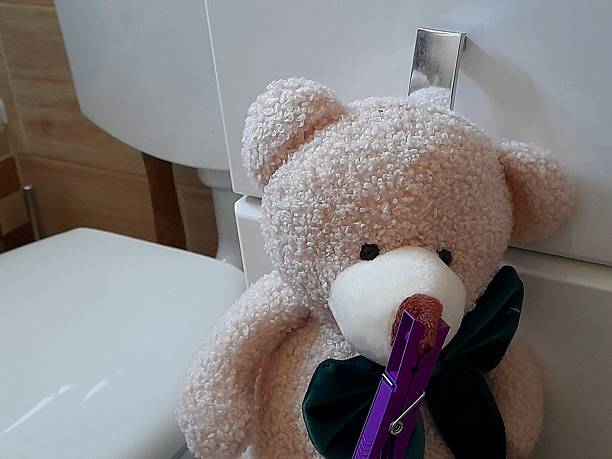One purple plastic clothespin on soft toy bear's nose.