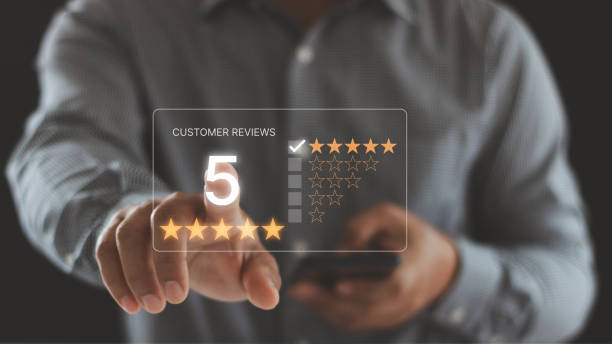 istock Customer service online feedback survey concept. User rating client positive opinion satisfaction review on smartphone, select rate best choice 5 star for high quality. Business marketing technology. 2206282513