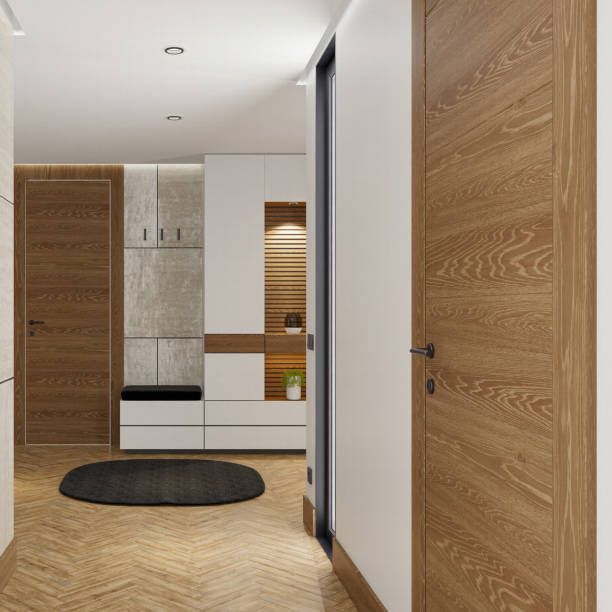 istock Stylish Modern Entrance with Wood and Stone Elements 2206285006