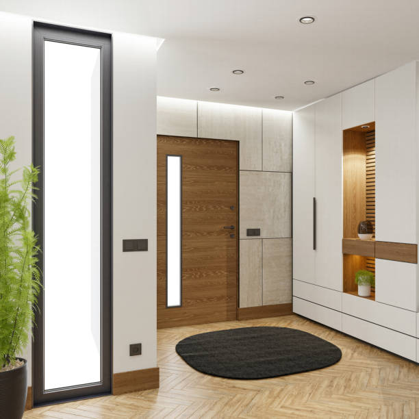 istock Stylish Modern Entrance with Wood and Stone Elements 2206285053