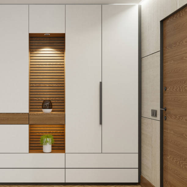 istock Stylish Modern Entrance with Wood and Stone Elements 2206285240