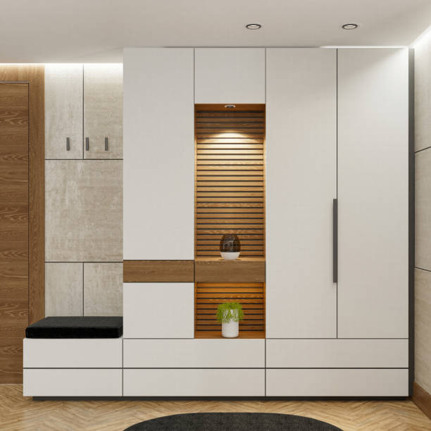 istock Stylish Modern Entrance with Wood and Stone Elements 2206285246