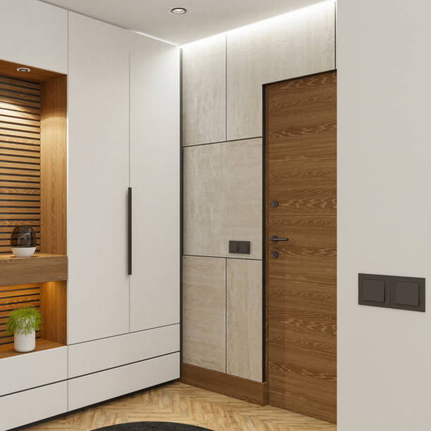 istock Stylish Modern Entrance with Wood and Stone Elements 2206285421