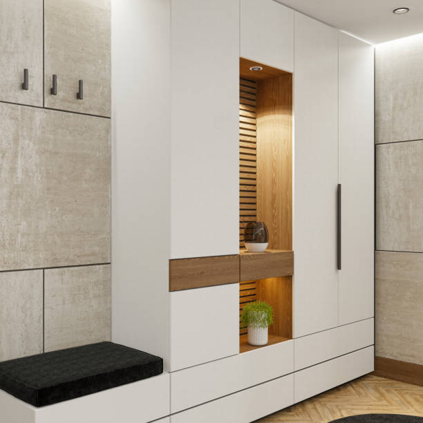 istock Stylish Modern Entrance with Wood and Stone Elements 2206285425