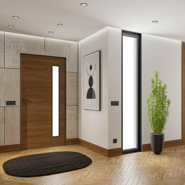 istock Stylish Modern Entrance with Wood and Stone Elements 2206285426
