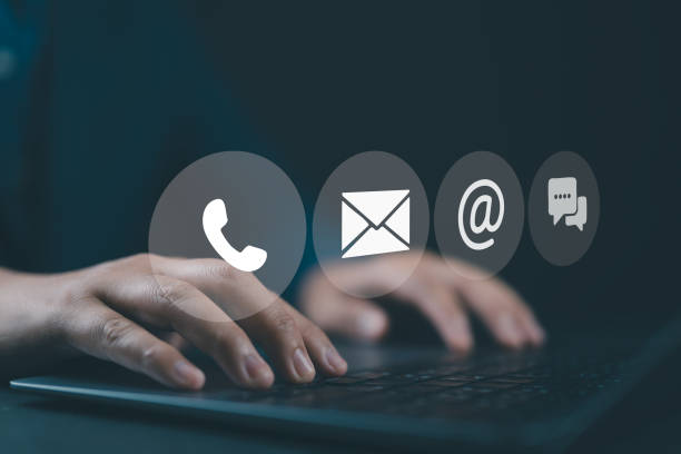 istock using the laptop to show the icon ( address, phone, email, call ) to contact customer support. help from mail websites digital technology of business contact service. contact us concept. 2206287376