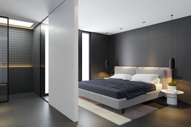 istock Luxurious Black Modern Master Suite with Open-Concept Bathroom 2206289091