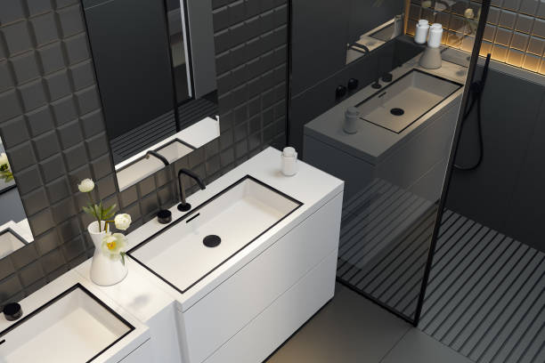 istock Sleek All-Black Modern Bathroom 2206289133
