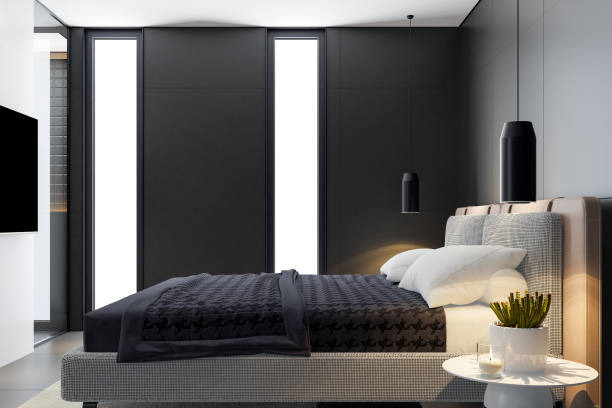 istock Modern Bedroom with Matte Black Tile Walls and Floor 2206289153