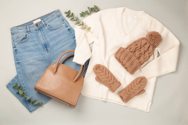 istock Flat lay with women's trendy spring outfit on gray background,, top view 2206289540