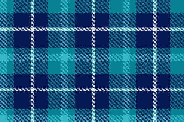 Blue Teal Tartan Plaid Pattern Design Vibrant blue teal plaid pattern intricate diagonal details balanced grid layout. Perfect textiles, wallpaper designs. plaid background stock illustrations
