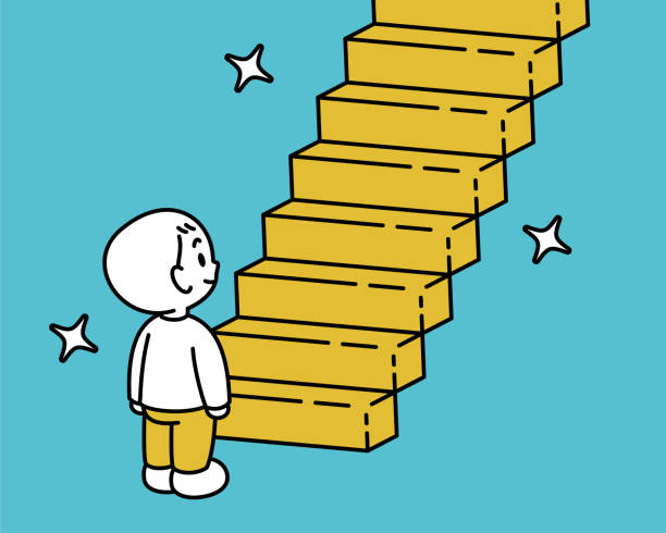 A cute boy standing at the bottom of a golden staircase. Three-quarter rear view, black outline with flat colors, minimalist style Minimalist Style Characters Designs Vector Art Illustration.
A cute boy standing at the bottom of a golden staircase. Three-quarter rear view, black outline with flat colors, minimalist style. person walking up stairs from behind stock illustrations