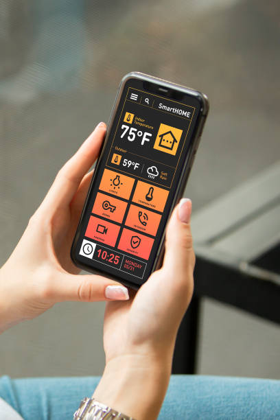 istock Young Woman Holding Phone with Smart Home App and Data Display 2206296914