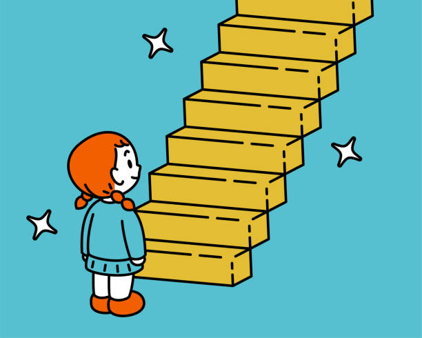 A cute girl standing at the bottom of a golden staircase. Three-quarter rear view, black outline with flat colors, minimalist style Minimalist Style Characters Designs Vector Art Illustration.
A cute girl standing at the bottom of a golden staircase. Three-quarter rear view, black outline with flat colors, minimalist style. person walking up stairs from behind stock illustrations