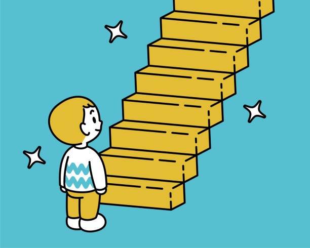 A cute boy standing at the bottom of a golden staircase. Three-quarter rear view, black outline with flat colors, minimalist style Minimalist Style Characters Designs Vector Art Illustration.
A cute boy standing at the bottom of a golden staircase. Three-quarter rear view, black outline with flat colors, minimalist style. person walking up stairs from behind stock illustrations