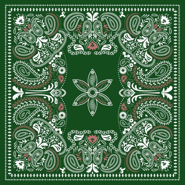 Western bandana with paisley pattern. Floral design for scarves, fabric, and textile backgrounds. retro bandanna print in green and red tones, featuring ethnic ornaments and abstract swirls.