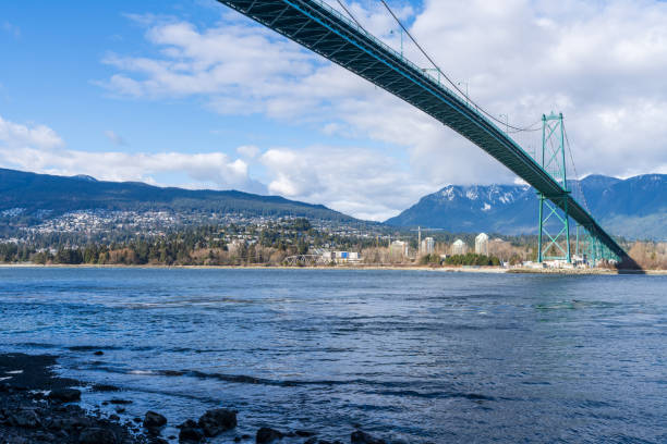 Lions Gate Bridge and Stanley Park Seawall in sunny day. Vancouver, British Columbia, Canada.