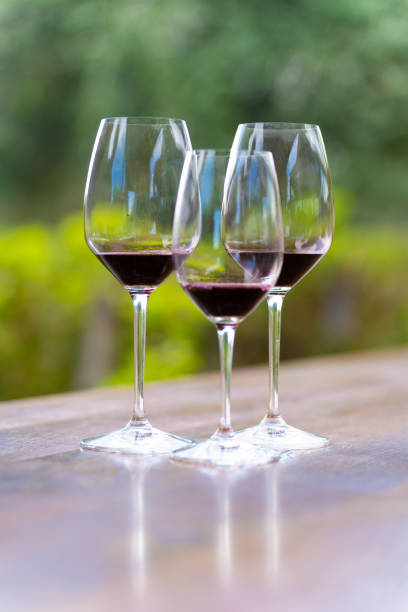 istock Three glasses of red wine on outdoor table 2206324016