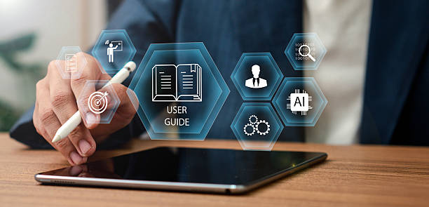 istock User manual guide concept, Online instruction manual and strategy advice. Businessman using laptop with user manual icon and virtual AI for business service 2206326960