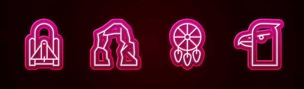 Set line Rocket launch from the spaceport, Grand canyon, Dream catcher with feathers and Eagle head. Glowing neon icon. Vector.
