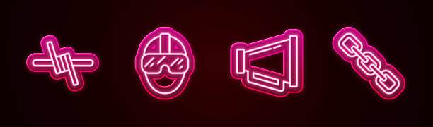 istock Set line Barbed wire, Special forces soldier, Megaphone and Chain link. Glowing neon icon. Vector 2206335064