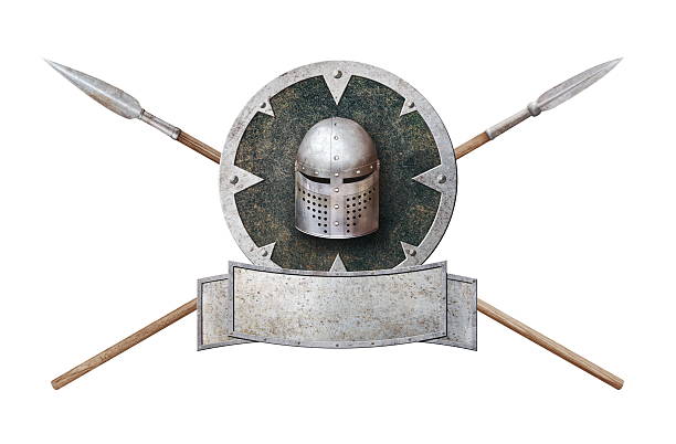 Medieval shield and sword on reflective table.
