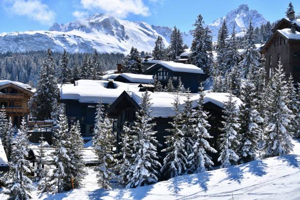 istock Ski resort view with chalets between snowy trees 2206337427