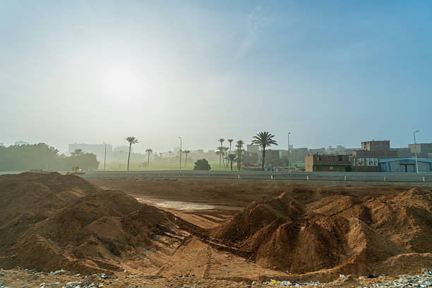 A hazy morning view along the road to the Memphis Museum, featuring mounds of earth and silhouetted palm trees against a pale sky. House and a construction vehicle. Cairo, Egypt.